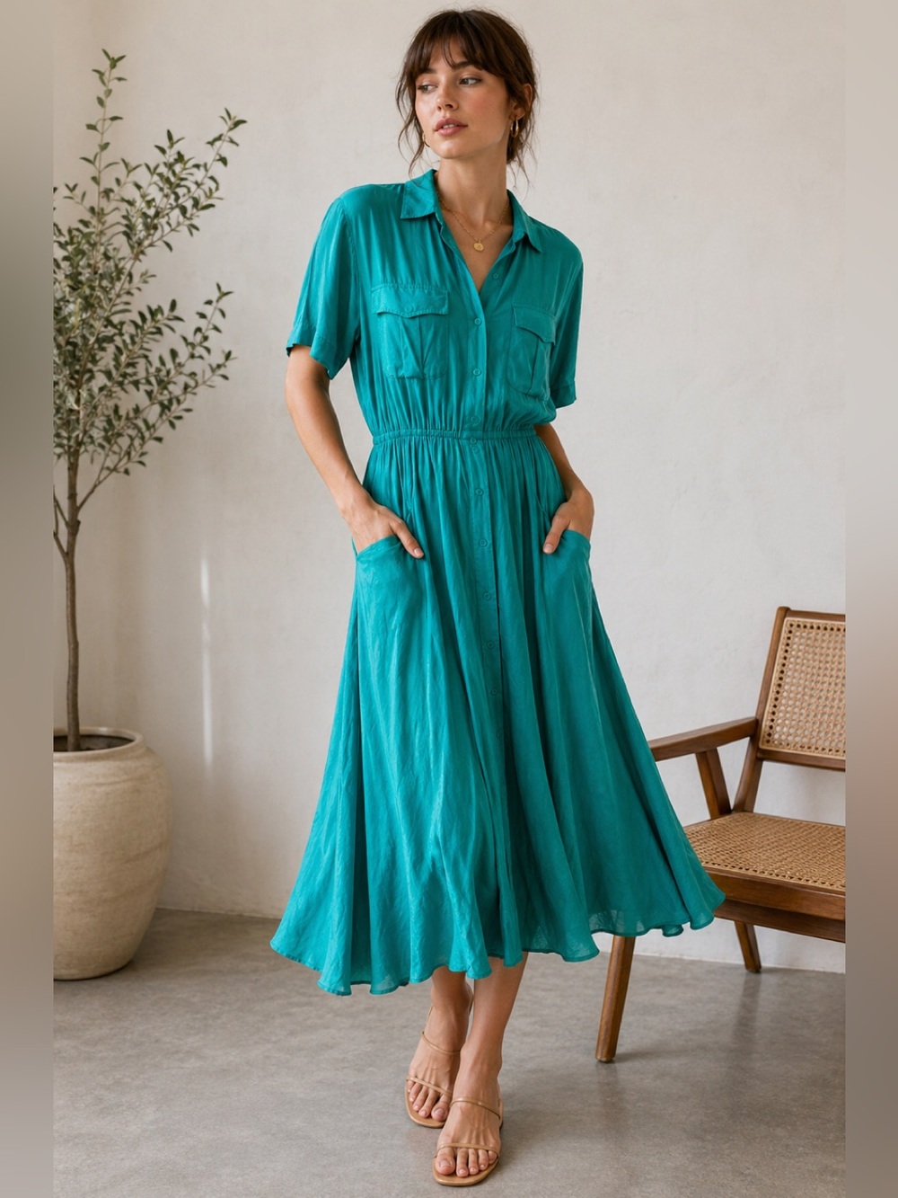 Vintage 80s Teal Shirt Dress Button Front Midi Pockets Elastic Waist